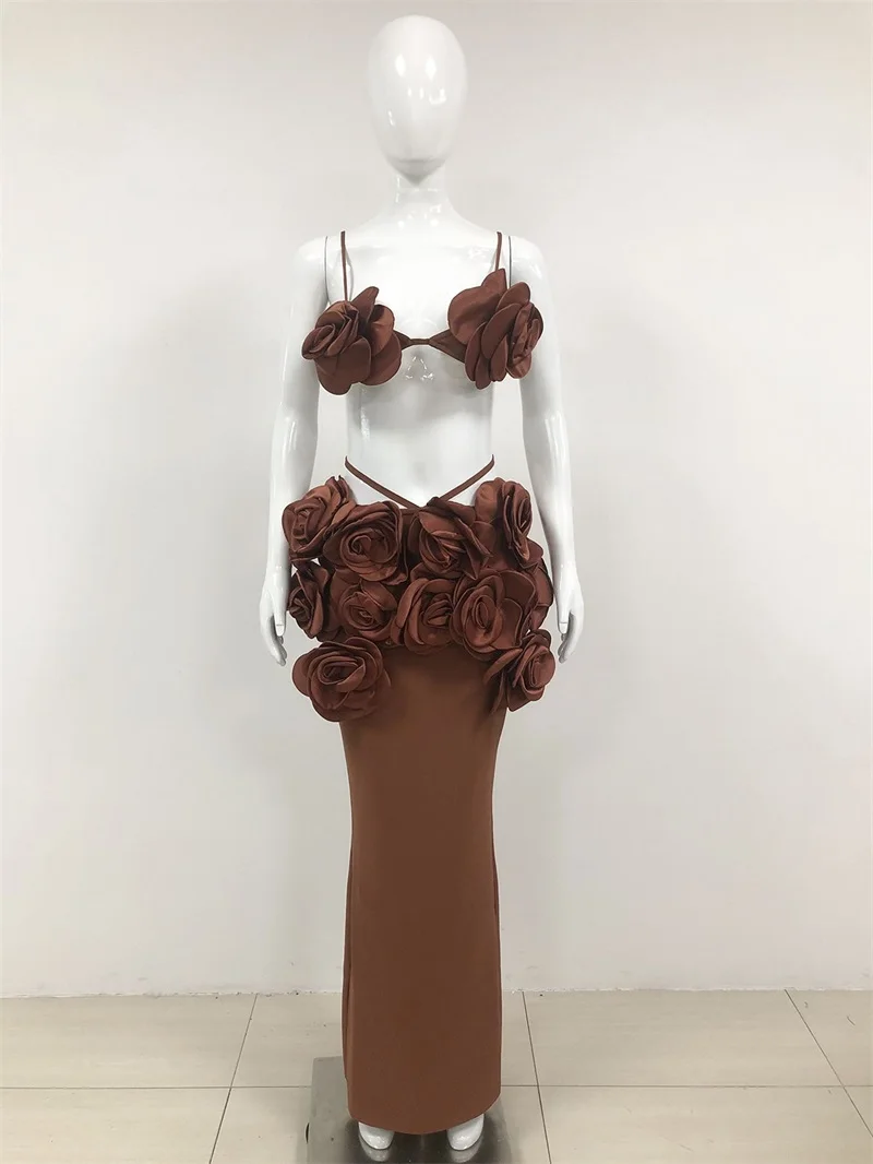 Brown Large 3D Flowes Women's Skirt Suit Spaghetti Strap Deep-V Neck Backless Tops Rear Side Split Lace Up Skirt New Arrival