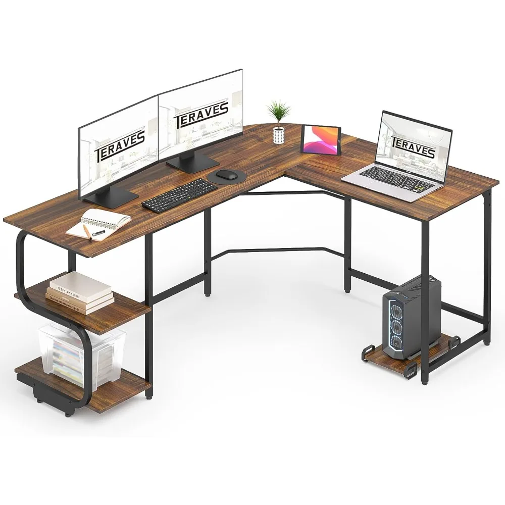 

Reversible L Shaped Desk with Large Surface, 69 Inch Sturdy Corner Desk with Storage Shelves, Premium Office Computer Desk Work