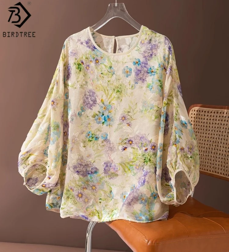 

Birdtree 62.6% Mulberry Silk 14.1% Nylon Flower Shirt,Women Velvet Lantern Sleeve O-neck Summer Loose Blouse With ButtonT58703JF