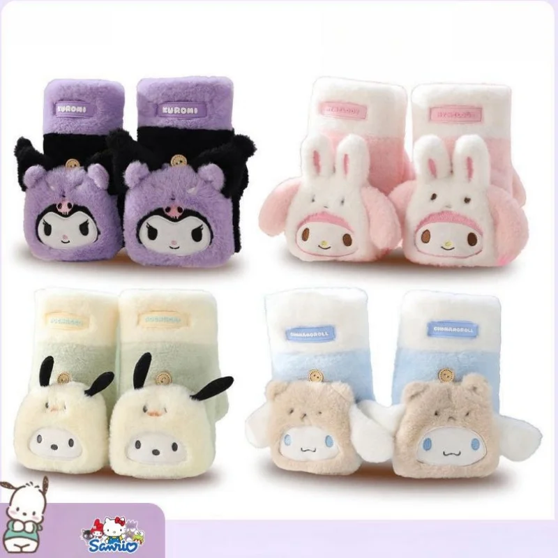 Sanrio kuromi Cinnamoroll cartoon anime gloves winter warm and cold-proof cute half-finger flip-up thickened plush girl gloves