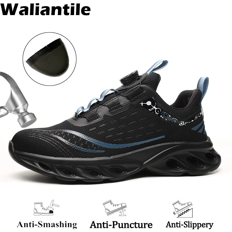 Waliantile Automatic Lace Up Safety Shoes Men Puncture Proof Anti-smashing Steel Toe Working Boots Male Indestructible Sneakers