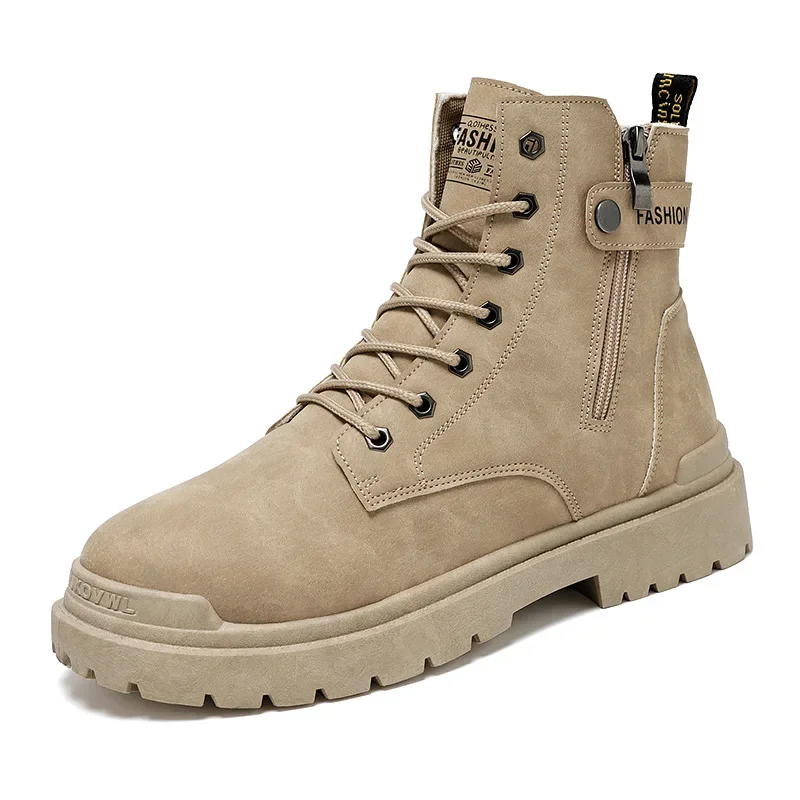 Botas de trabajo con plataforma para hombre, zapatos de senderismo de suela gruesa, con cremallera lateral, a la moda, para otoño