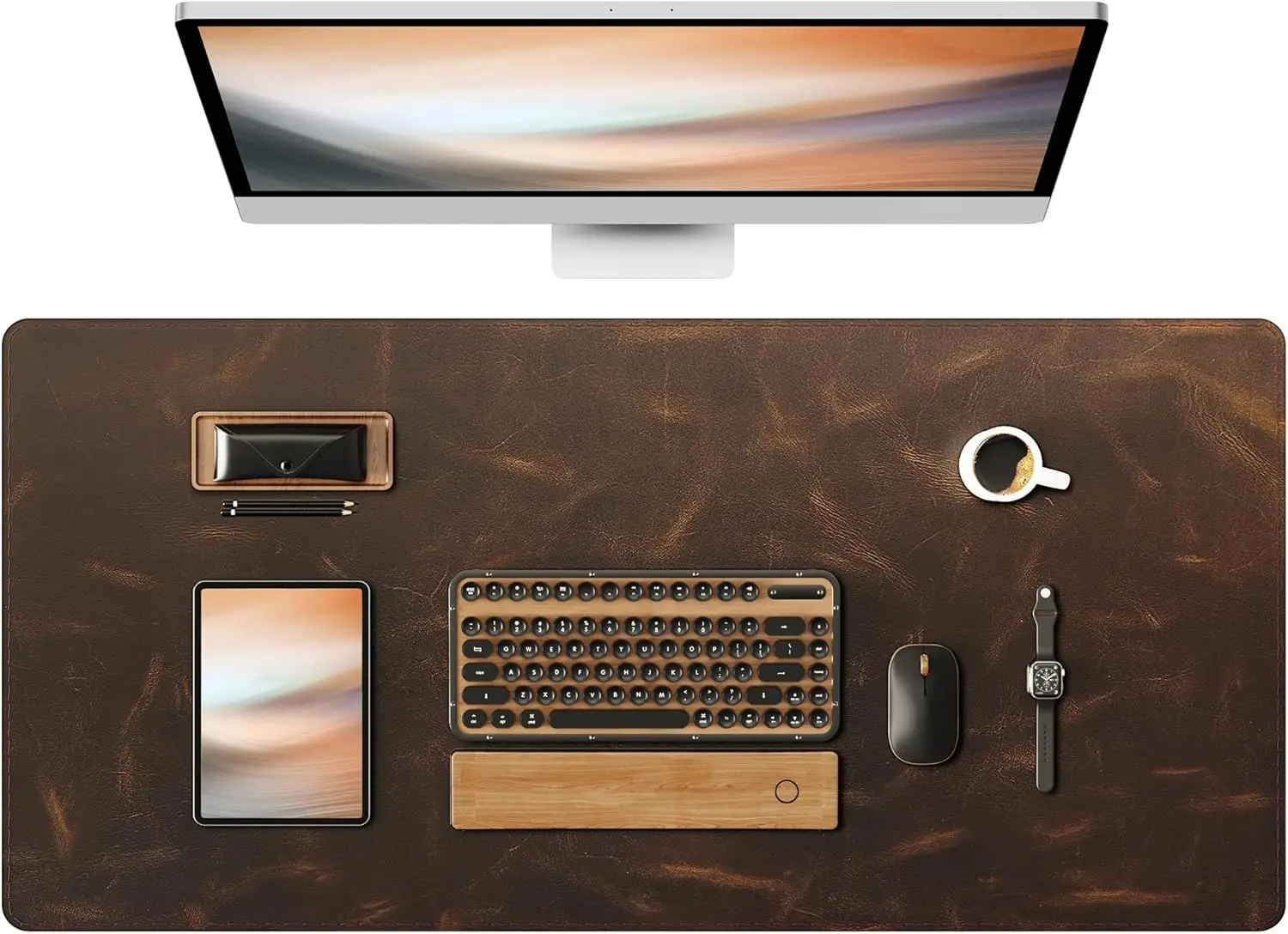 35.4x17 Inch Real Leather Desk Pad, 2mm Thick Stitched Mouse Mat with Oil-Wax Feel for Home Office Use