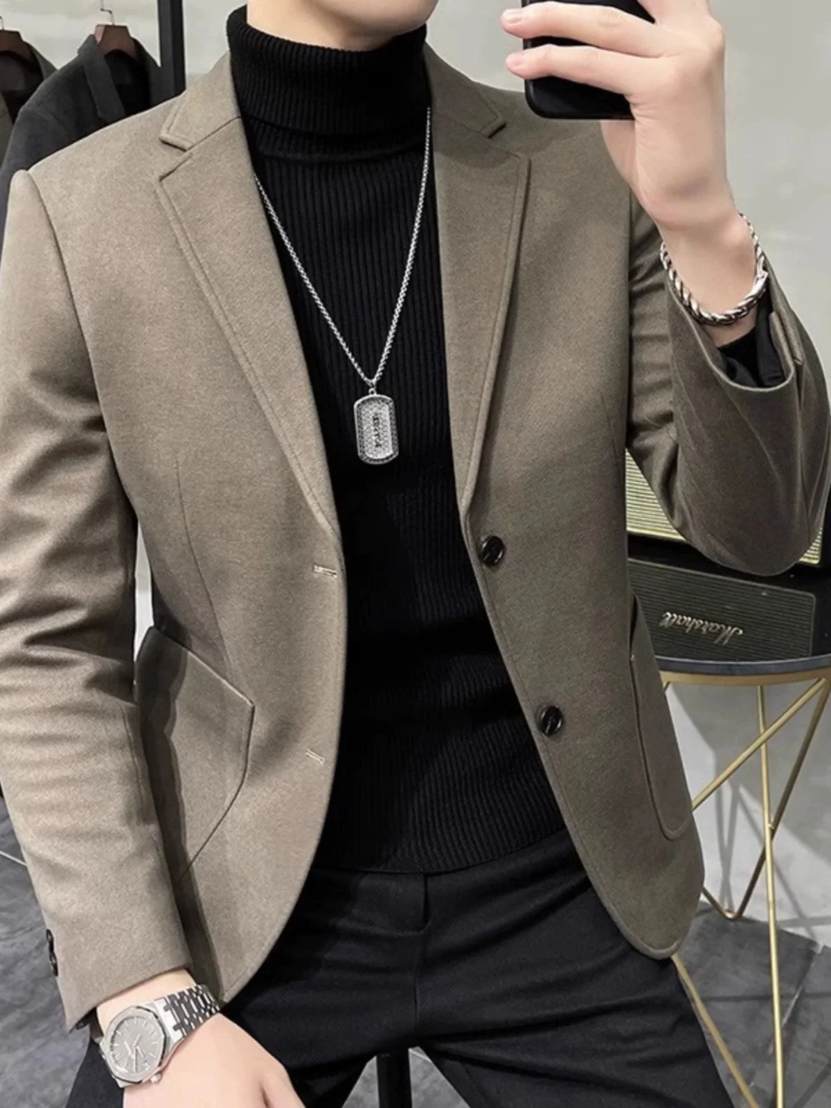 

Pure Color Men's Woolen Suit Casual Slim Fit Autumn Winter Faionable Busin Casual Top Single-breasted Trendy Jaet