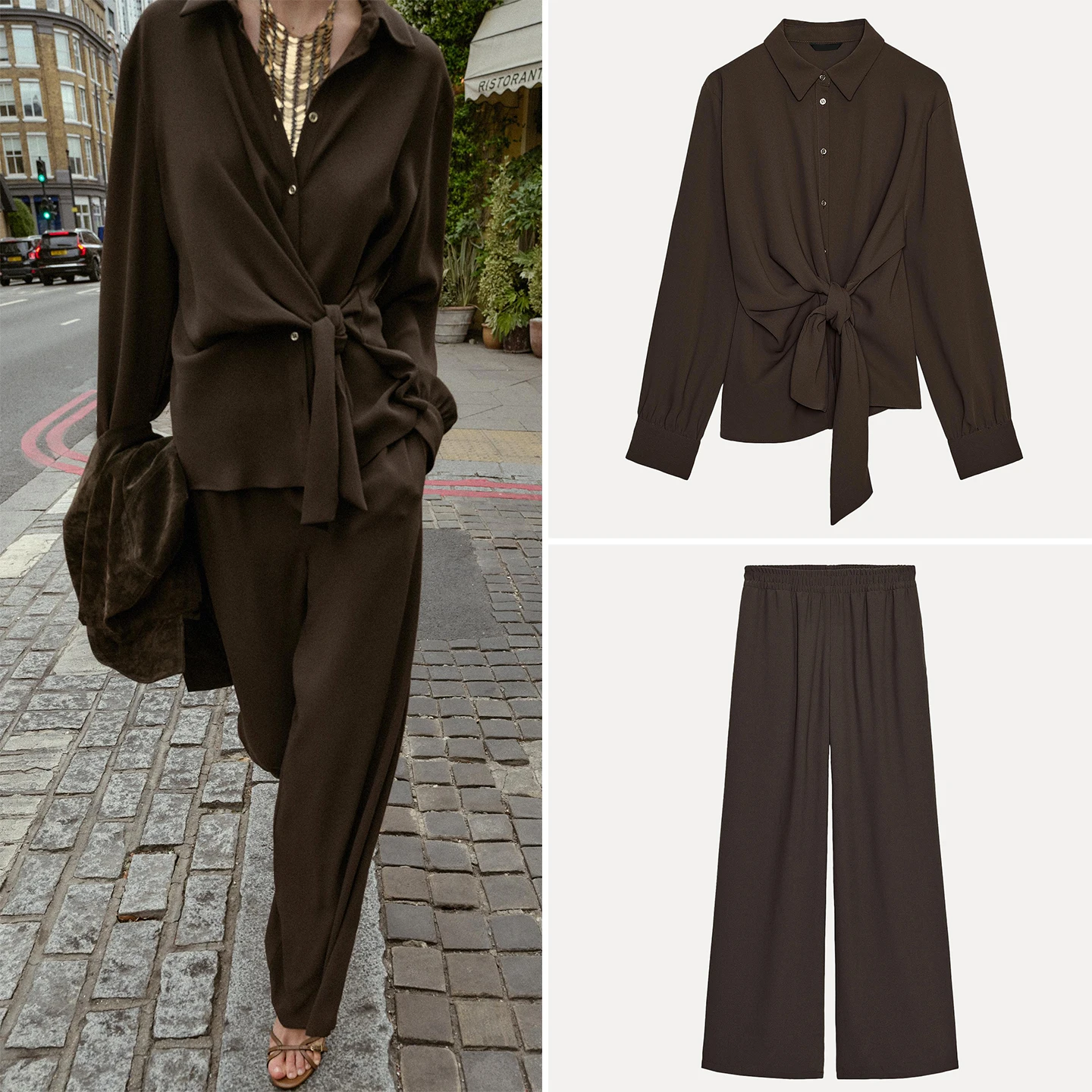 

Женский комплект из морщинистого и широких брюк, повседневный комплект с длинным откидным воротником, Four Seasons для взрослых, чистый цвет Faion Ense...