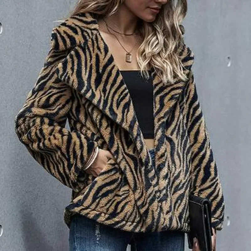 

2023 Latest Coat Fashion Women's Top Tiger Print Long Sleeve Lapel Stand Collar Autumn and Winter Jacket Casual Wear