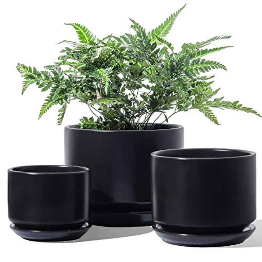 

Ceramic Plant Pots, 4.3+5.3+6.8 inch, Set of 3, Planters with Drainage Hole and Saucer, Indoor Flower Pot with Hole Mesh Pad, G
