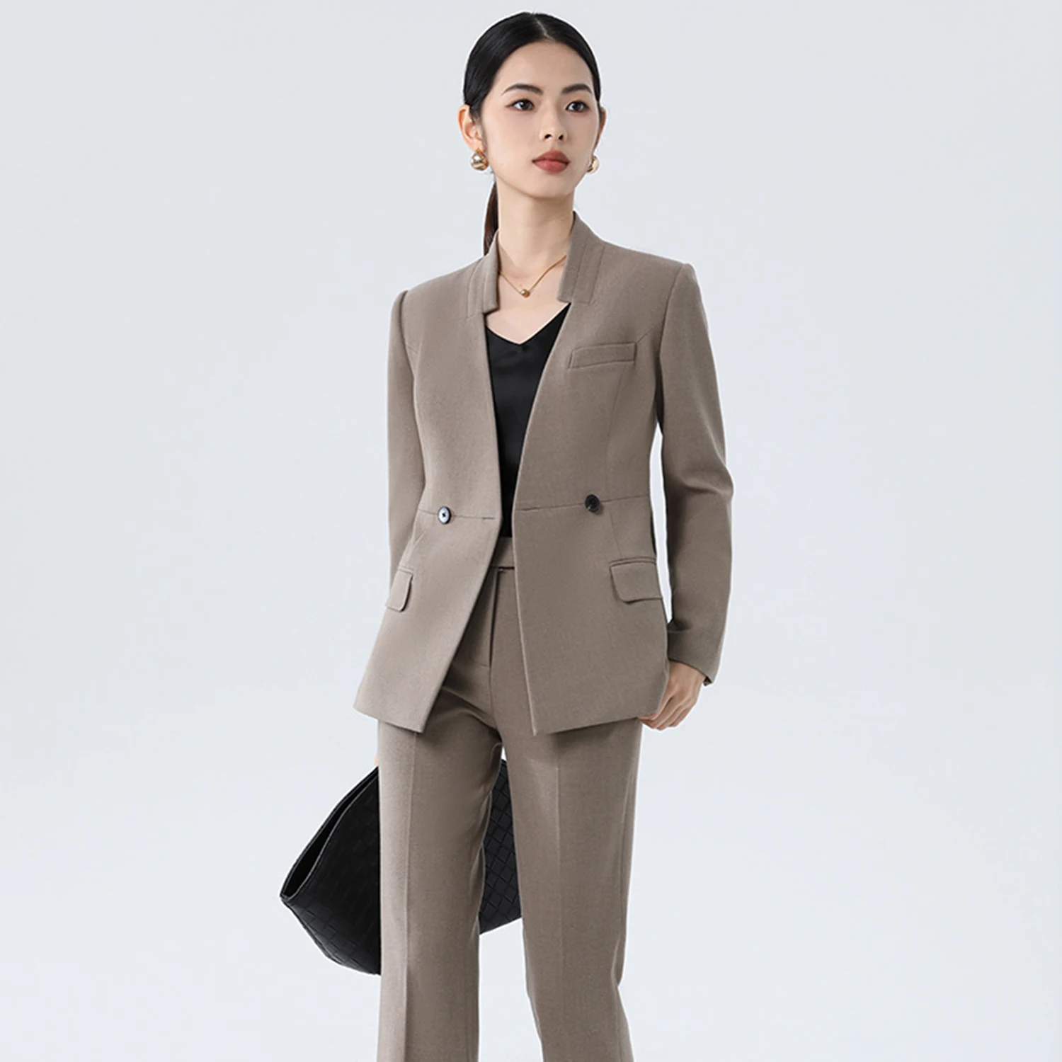 Damski garnitur Allingentle, 2-częściowy, marynarka z dekoltem w serek i spodnie, kieszenie z klapkami, idealny do biura i na co dzień, możliwość personalizacji.