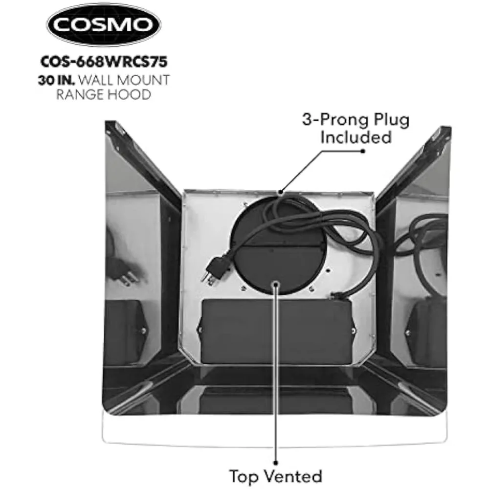 Campana extractora de montaje en pared con ventilación de escape con conductos, ventilador de 3 velocidades, controles táctiles suaves, filtros permanentes en acero inoxidable