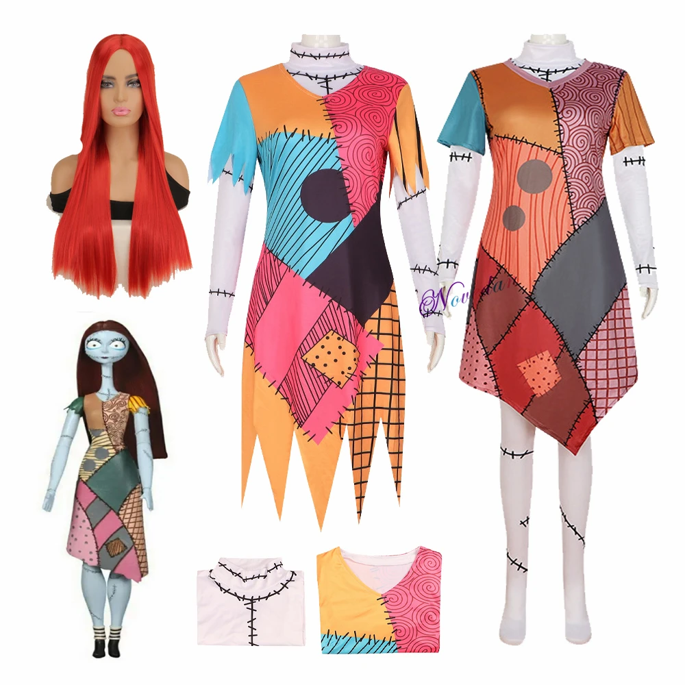 The Night Before Christmas Sally Costume Cosplay Wig Hair Scary Horror Skellington Halloween Costume Women Party Fancy Dress