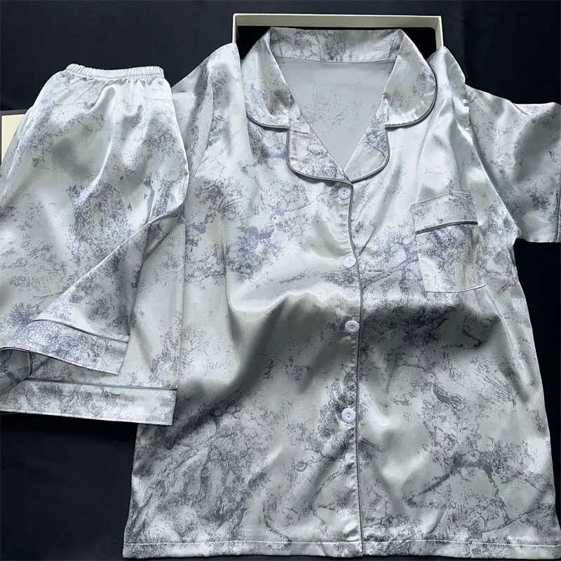 

2 Pieces Print Sleepwear Faux Silk Satin Nightwear Pyjamas Fashion Casual Pajama Women Shorts Pajamas Set Ink Painting Outfits