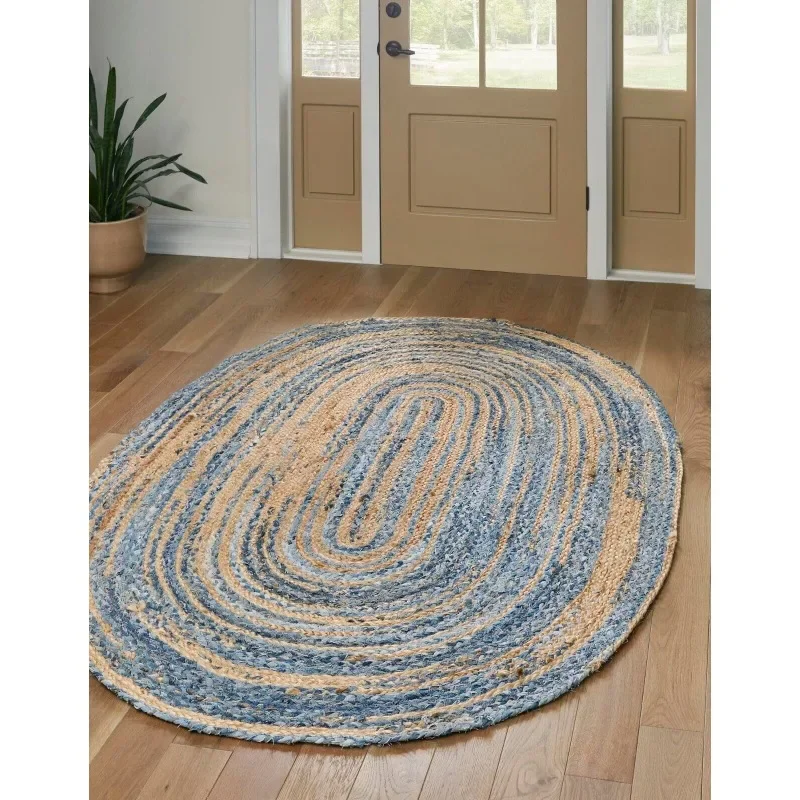 

Oval Rug Natural Denim Jute Braided Style Carpet Handmade Rustic Look Area Rug