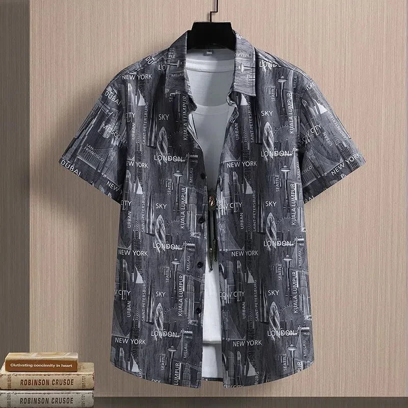 

Summer Men's Clothing Letter Printing Button Short Sleeve Turn-down Collar Cardigan Shirt Formal Casual England Style Tops