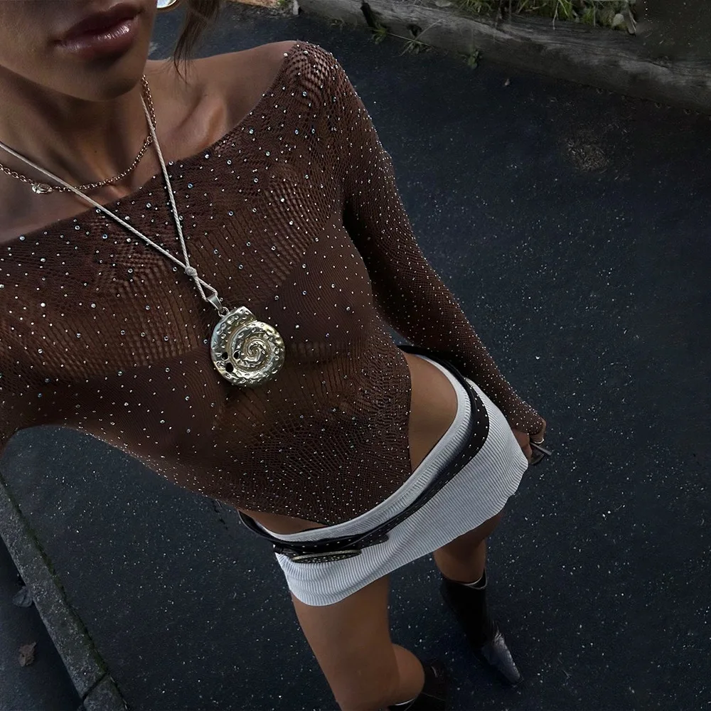 

New Jumpsuit Sexy Tight Fitting High Elasticity Knitted See Through Long Sleeves with Hot Stamping