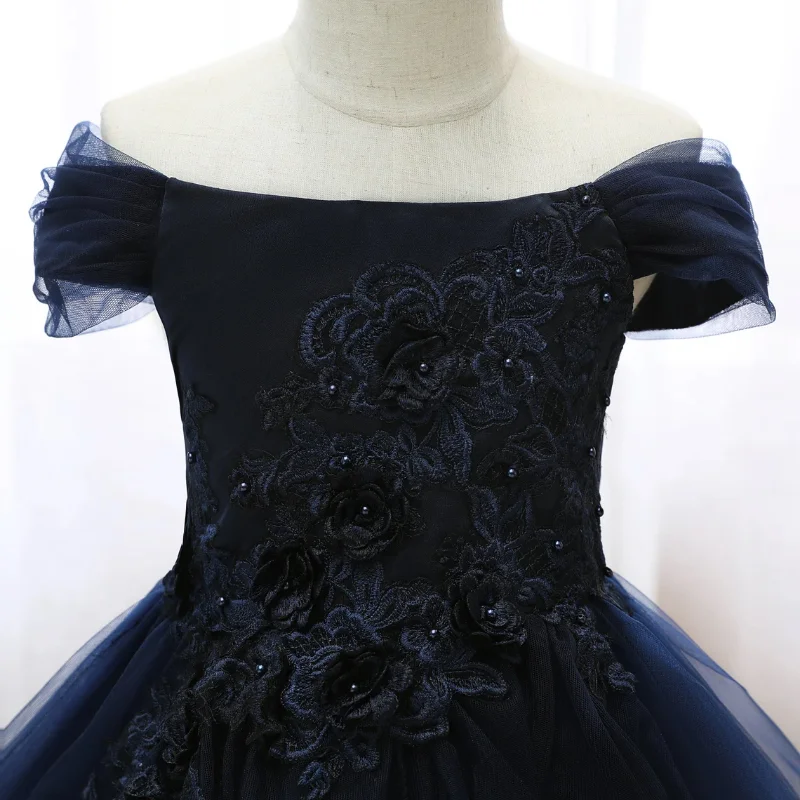 Navy Blue Flower Girl Dresses A-LINE Boat Neck Floor-Length Lace Pageant Dresses for Wedding Kids First Communion Dress