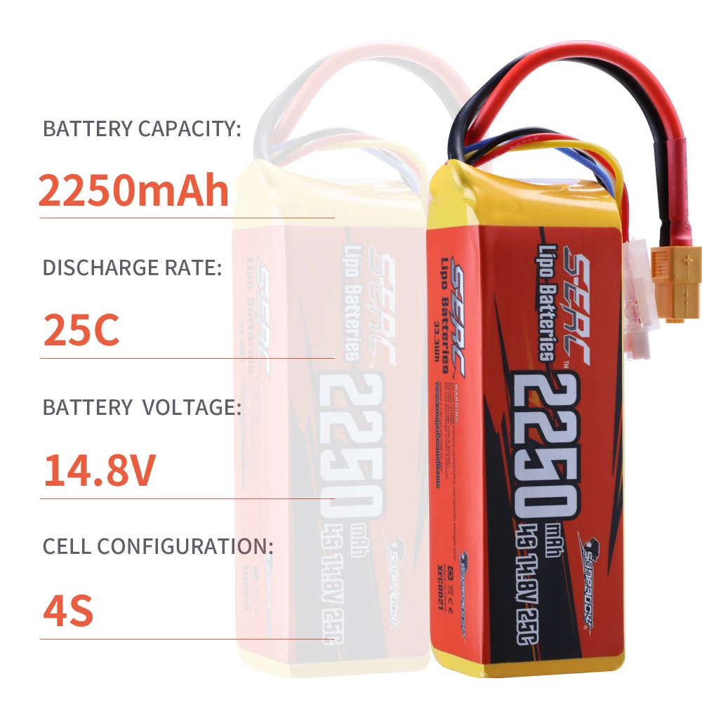 2 pacchi Sunpadow 14.8V 4S RC Lipo batteria 25C 2250mAh con spina XT60 per RC aereo Quadcopter elicottero Drone FPV Racing Hobby