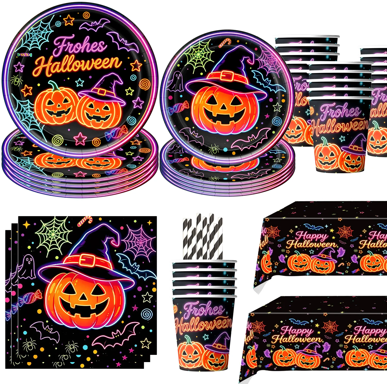 Neon Pumpkin Witch Cup Plate Kit Kids Favors Boy Halloween Party Decoration Baby Shower Supplies Nightclub Home Supplies
