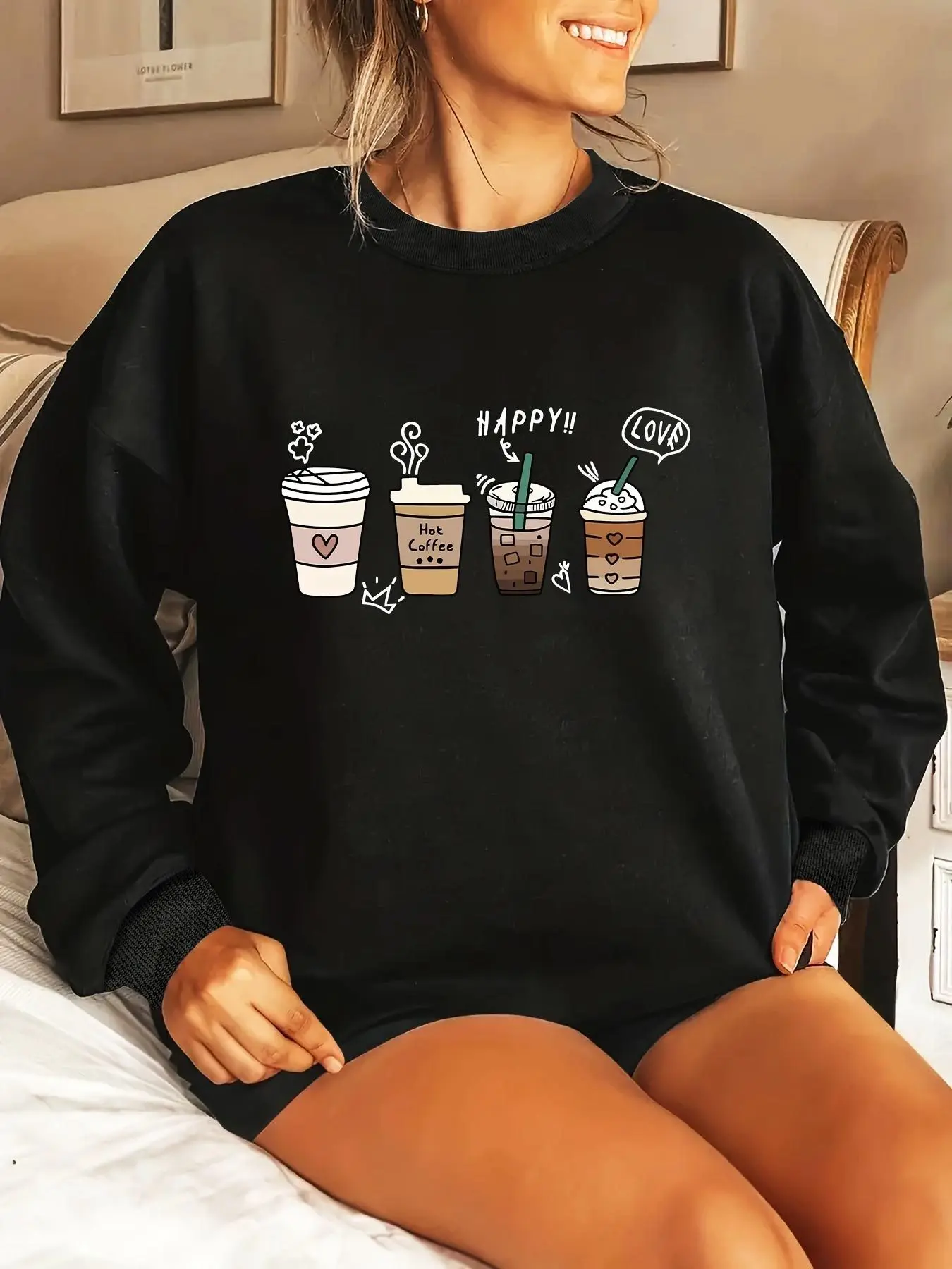 

Milk tea printed sweatshirt, long-sleeved round-neck casual sweatshirt for autumn and winter, women's clothing