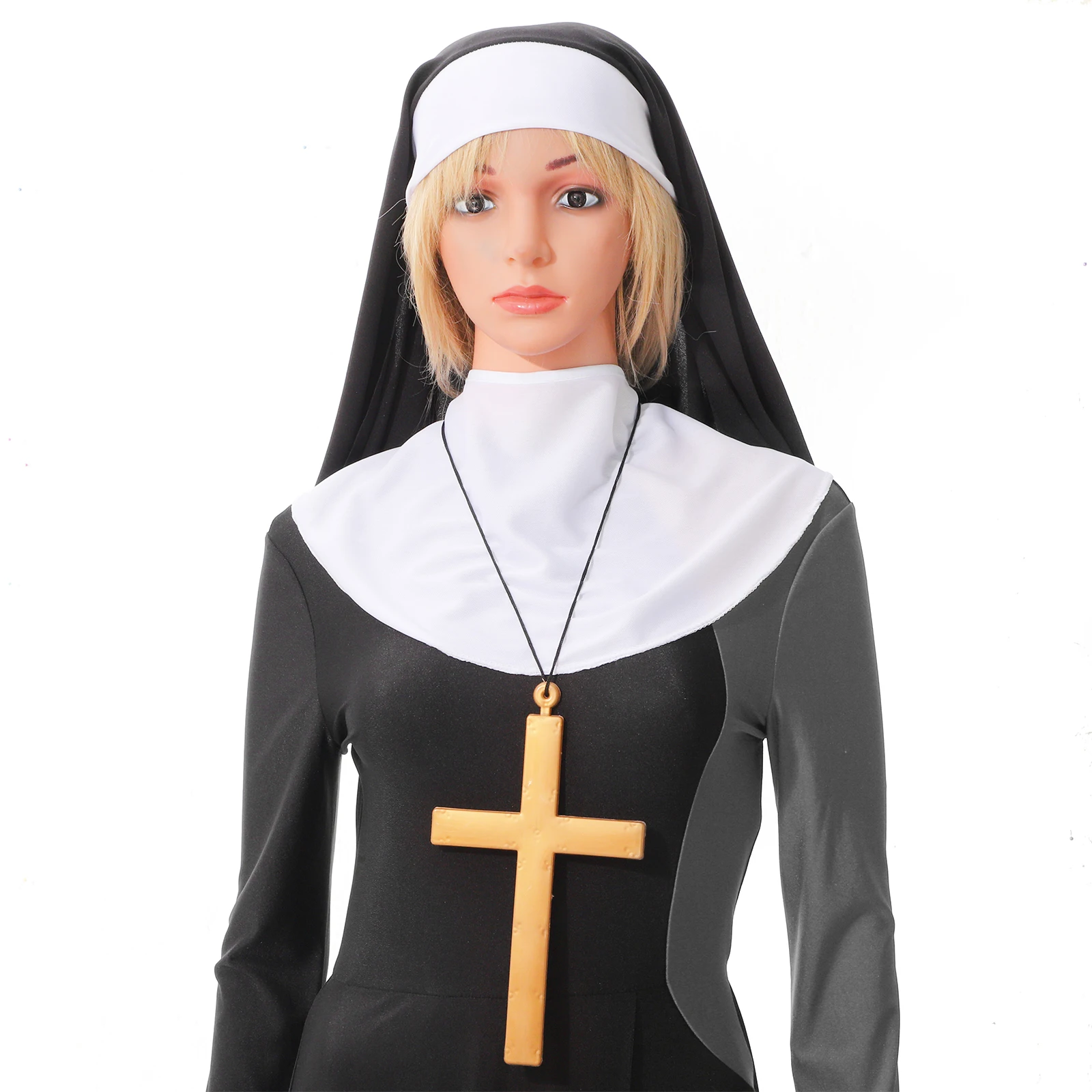 Christmas Nun Cosplay Costume Accessories Nun Hat Cross Necklace with Silk Stockings Glove for Halloween Carnival Party Rolepaly