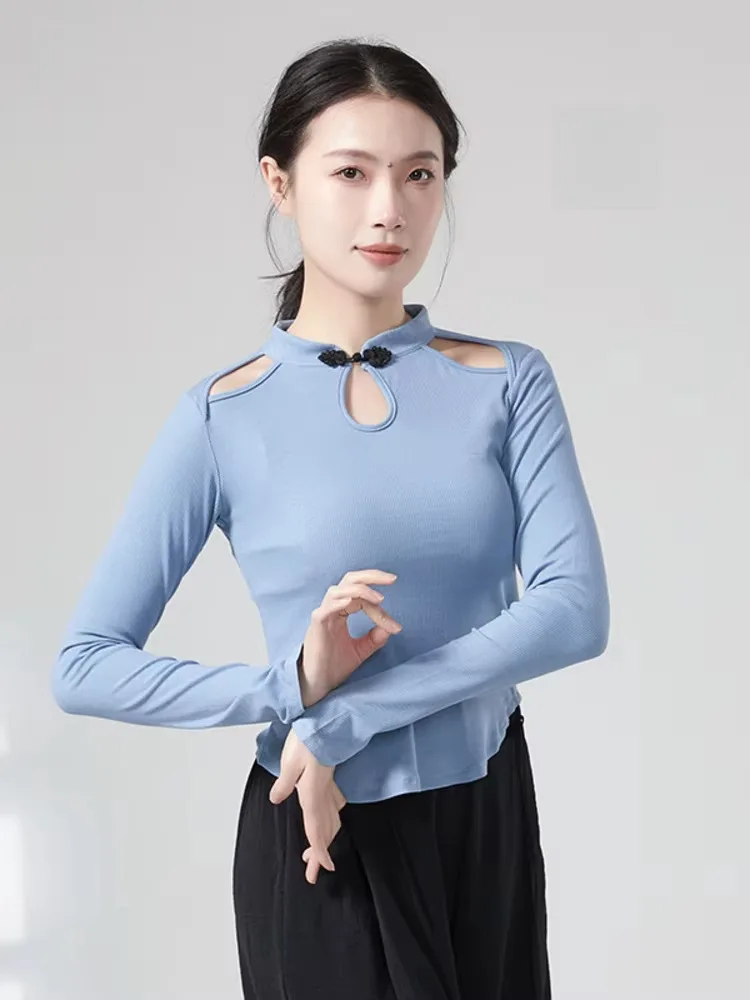 Haut de danse à col montant de couleur unie pour femmes, chemise ajourée à manches longues avec boutons décoratifs, idéal pour le scène de ballet