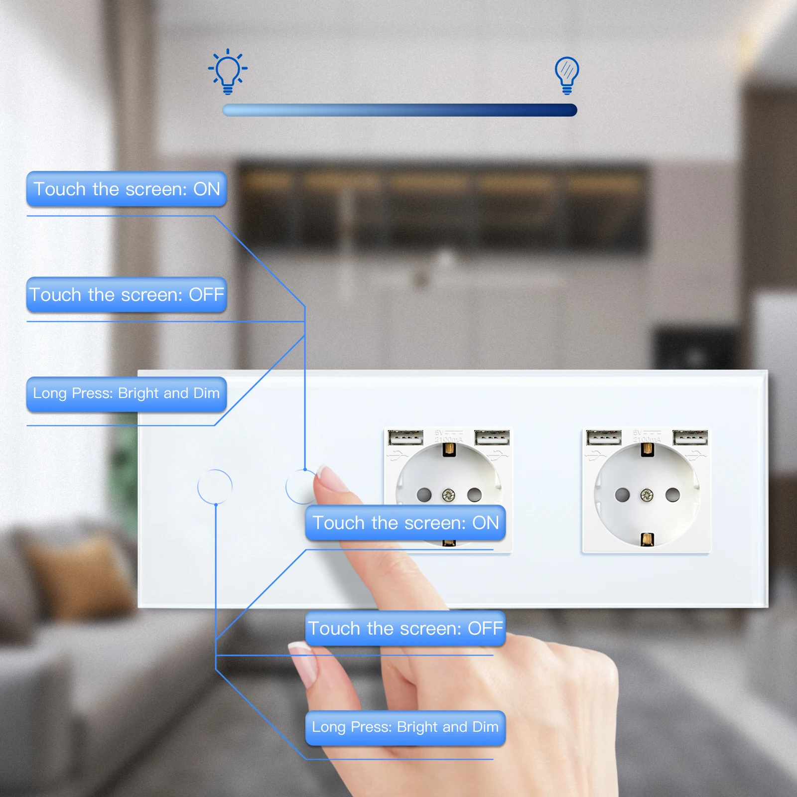 Bseed 2Gang Dimmer Series EU Standard LED Dimmable Touch Switches Glass Panel 5V 2.1A USB Phone Charge EU Sockets Wall Switches