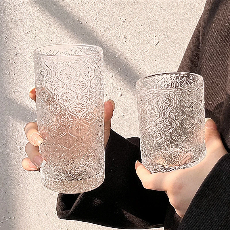 250/360ml Begonia Pattern Texture Creative Cocktail Transparent Glasses Drinking Drinkware Wine Goblet Juice Ice Coffee Cold Cup