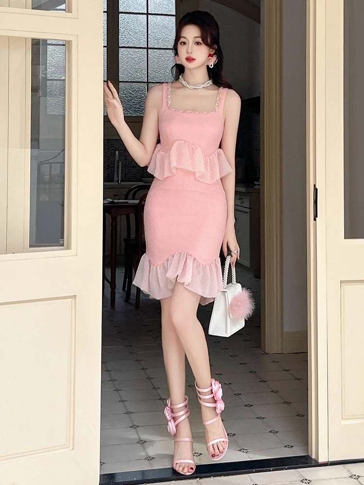 جديد الصيف وهمية 2 قطعة الوردي الحلو الفاخرة سباركلي مساء اللباس ملابس حريمي كشكش مثير حبال سليم حفلة موسيقية Vestidos Fiesta #1