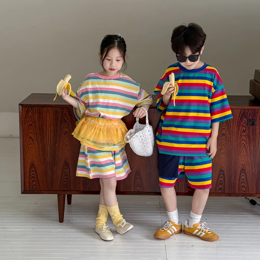 Children Rainbow Striped Clothes Sets Kids Boy Girl Short Sleeve T Shirts Tops and Shorts Two Piece Outfits Summer Baby Clothing