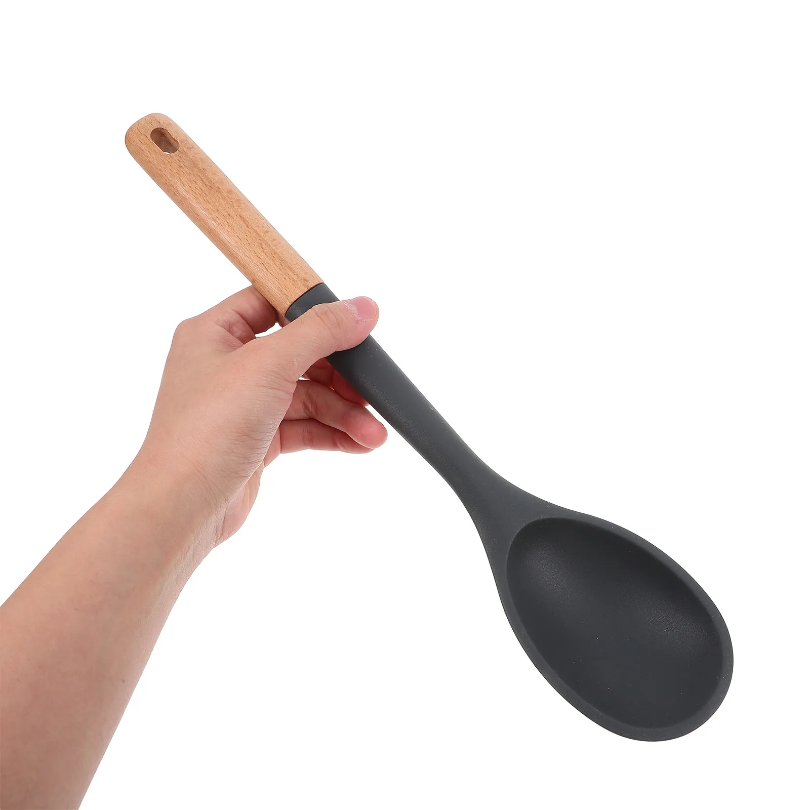 Large Silicone Cooking Spoon with Extra-Long Wood Handle for Non-Stick Pans Heat-Resistant Scratch- Utensil Serving