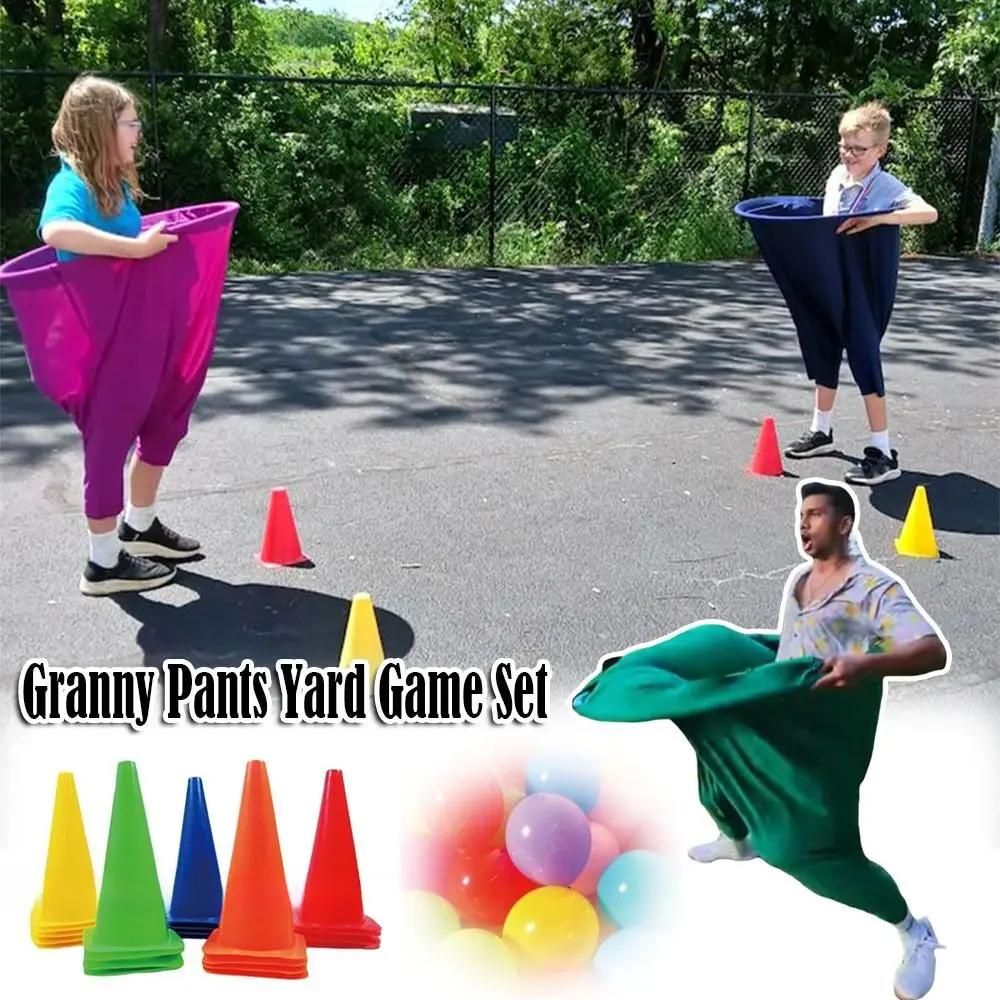 Ensemble de jeu de cour de pantalons de grand-mère drôle avec 4 balles et 2 cônes marqueurs, pantalons interactifs de jeux de fête Freaky