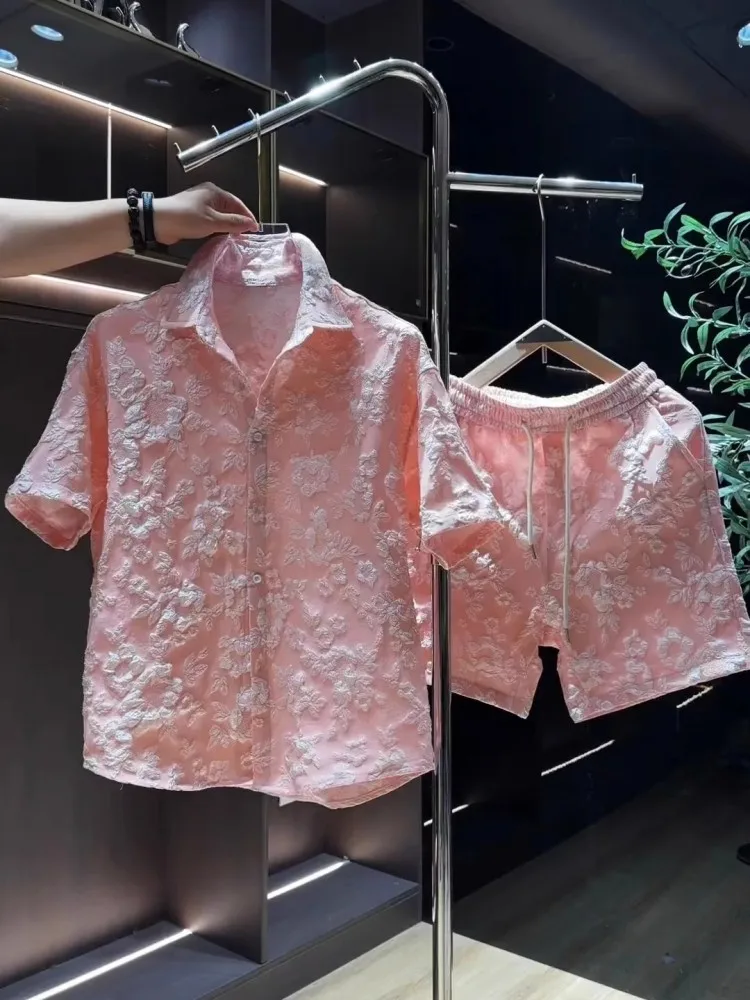 Summer Mens Floral Embossed Casual Beach Set Short Sleeve Shirt Elastic Waist Knee Length Shorts Two Piece Sets Holiday Outfits