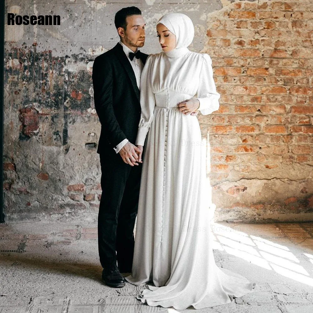 Muslim Ivory High Collar A-line Wedding Dress Button Full Draped Pleat Floor Length Brush Train Bride Dresses robe de mariée