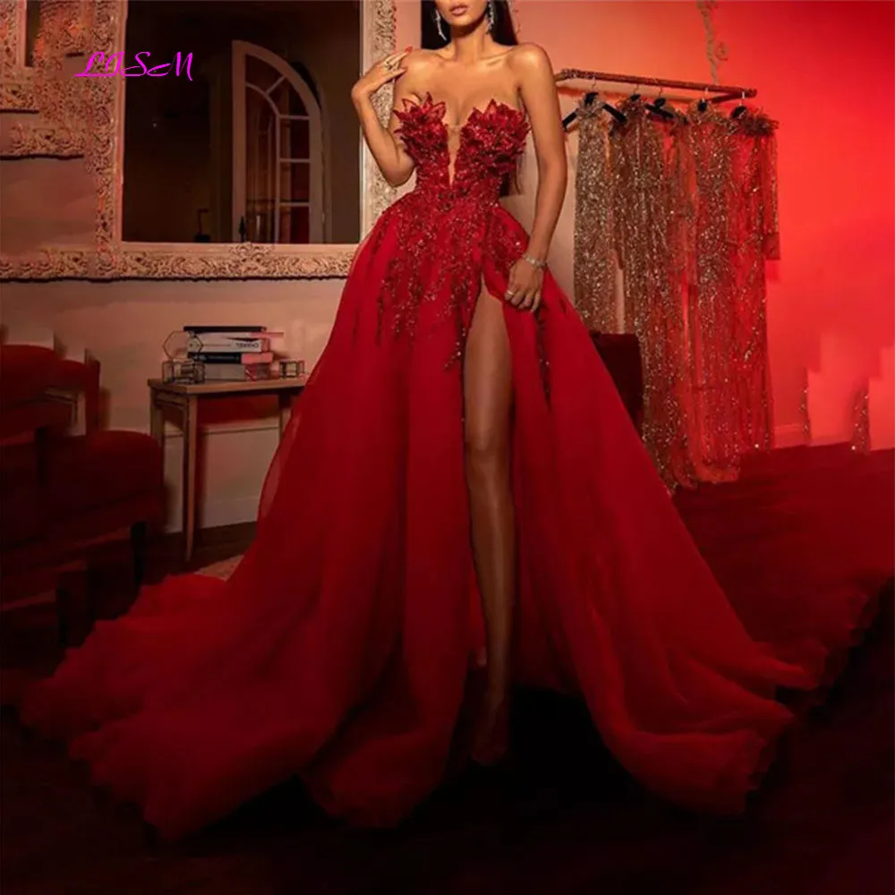 Longue robe de soirée rouge élégante, sans manches, paillettes brillantes, robes de bal Sexy fendues en Tulle, robes de soirée formelles pour femmes