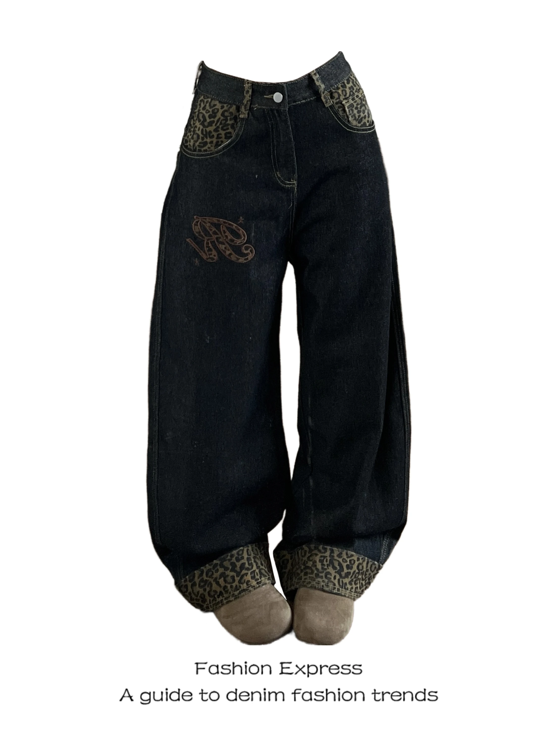 

High-End European Sle Women's Spring Autumn New Vintage Leopard Print Patchwork Design High Waist Wide Leg Jeans Casual Wear
