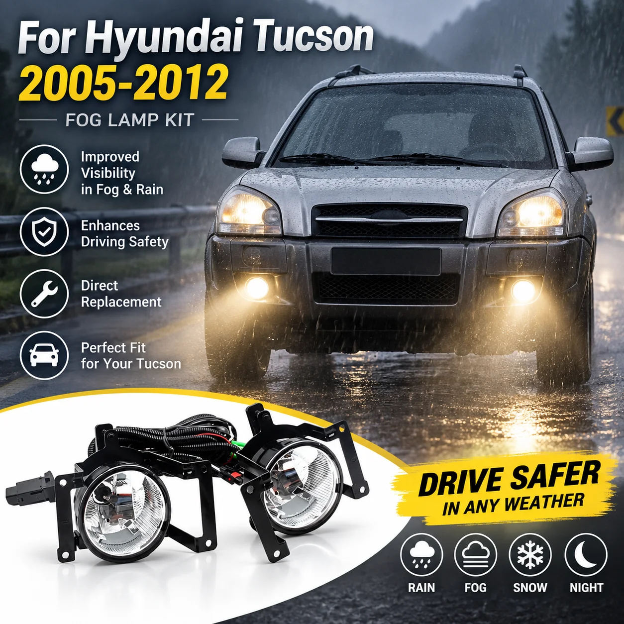 For Hyundai Tucson 2005-2012 Front Bumper Fog Light Set Halogen Fog Lamp Assembly Replacement Driving Lamp