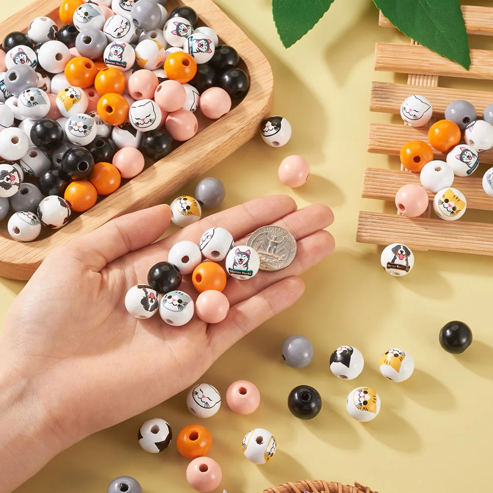 160Pcs Wood Beads Cute Animal Cat Dog Pattern Round Spacer Wooden Loose Beads for DIY Earring Necklace Bracelet Jewelry Making