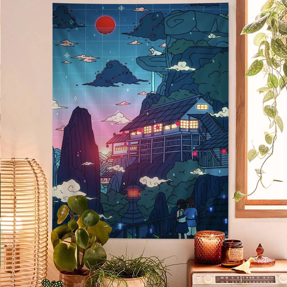 Aesthetic Neon City Night Moon Art Tapestry – Japanese Anime-Style Printing, to Enhance Home Decor & Room Atmosphere