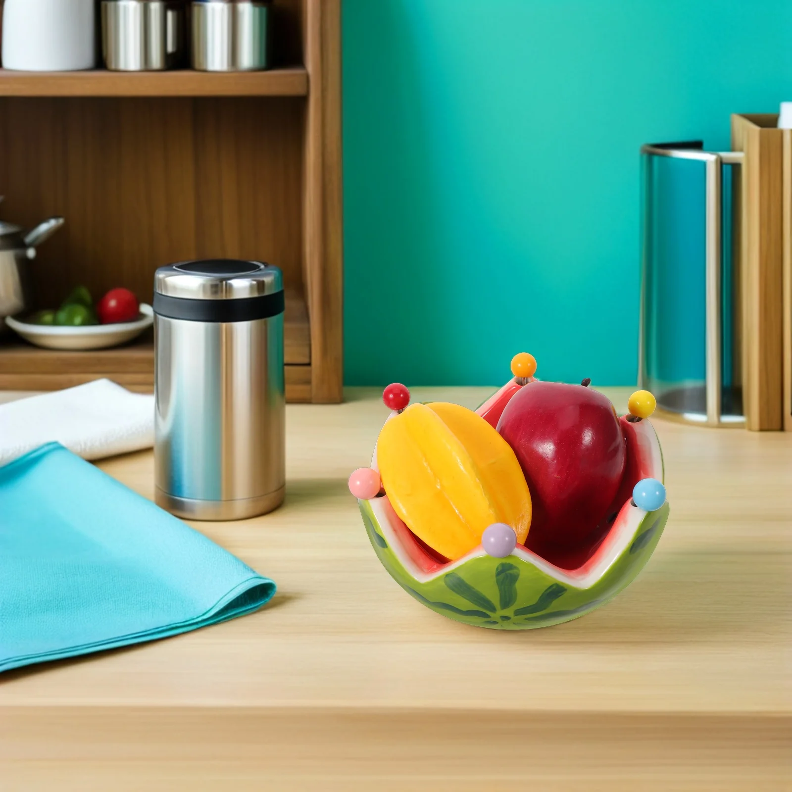 

Watermelon Serving Tray Ceramic Fruit Bowl with Stainless Steel Mini Forks Summer Party Snack Tray Decorative Picnic Bowl Fruit