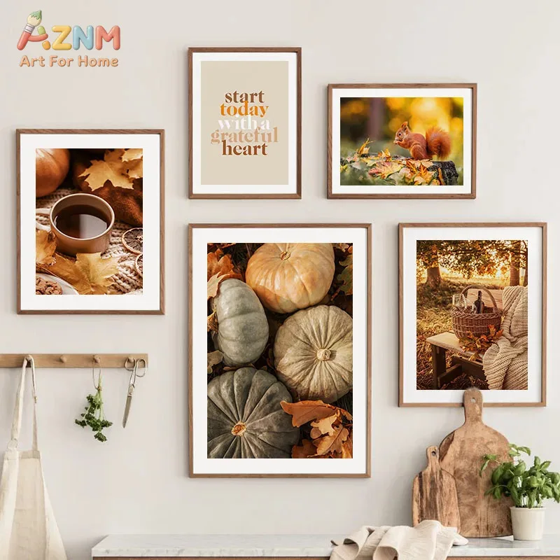 AZNM Warm Tone Autumn Pumpkin Coffee Squirrel Scenery Canvas Wall Art Grateful Text Print Farmhouse Fall Kitchen Living Room Unf
