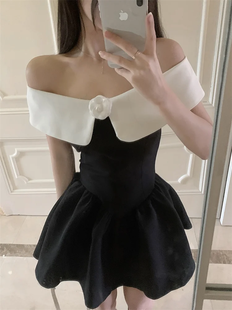 

ADAgirl Flower Off Shoulder Dress Women Sexy Ballet Black Mini Skirt Elegant Fashion High Waist Slim Fit Female Evening Dresses