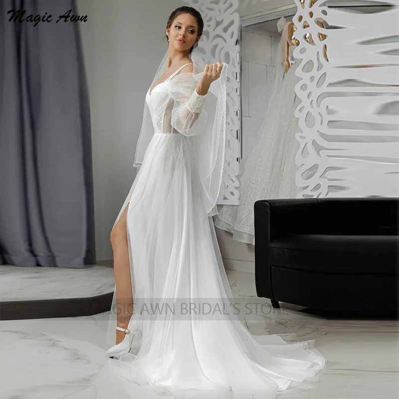 Magie Granne Spitze Tüll Hochzeit Kleider Boho Seite Split Illusion Langen Ärmeln Brautkleider Lace-Up Zurück Perlen Perlen robes Mariage