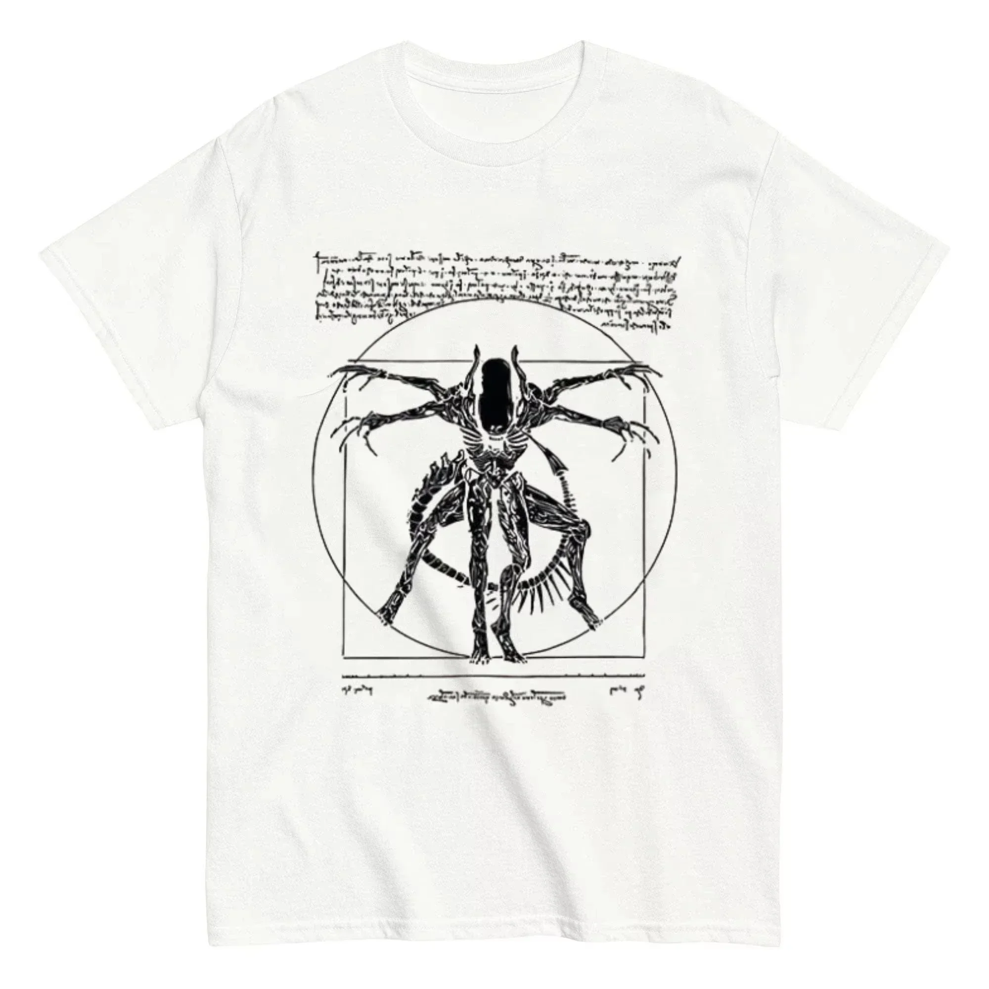 2026Sci-fi Vitruvian Creature Sketch Graphic Oversized T-Shirt for Kids Adults Vintage Manuscript Line Art Print Loose Crew Neck