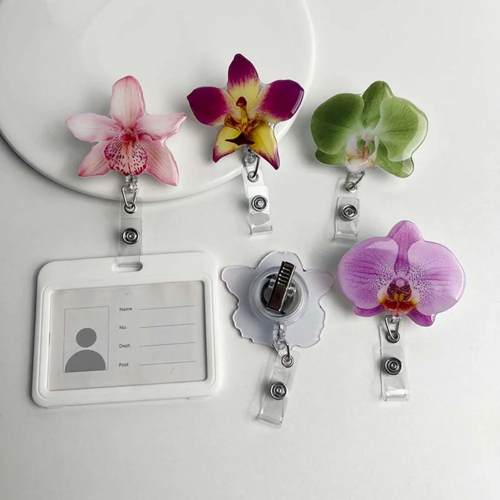 Acrylic Resin Holder Clip Orchid Flower Shape Retractable Design Retractable Badge Holder Durable Name Tag Badge Exhibition Use