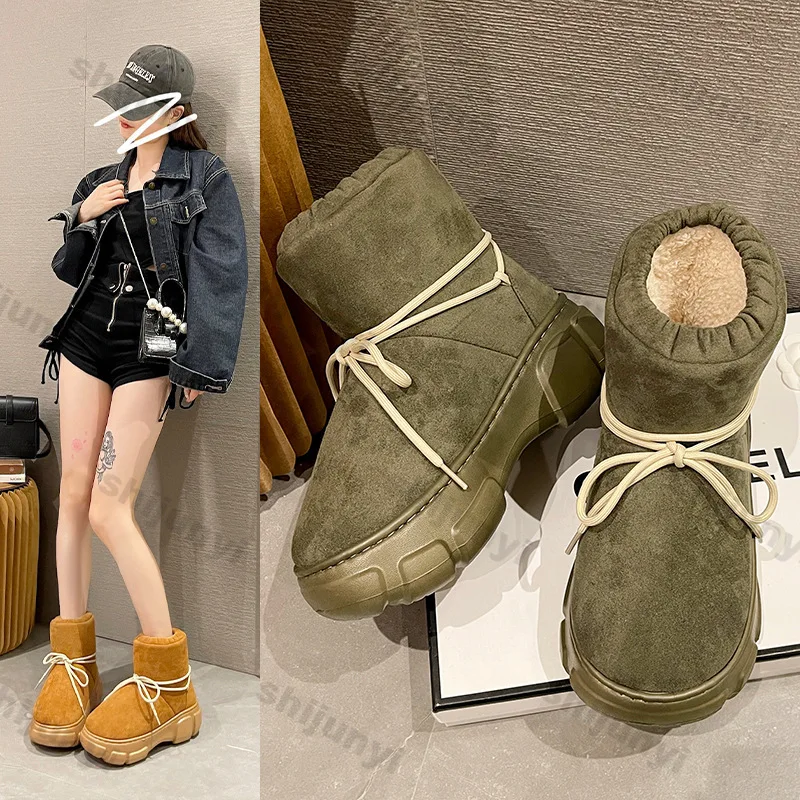 

Women Thickened Plush Fur Warm Thick Bottom Snow Cotton Boots Women Outdoor Solid Color Winter Plush Warm Fluffy Platform Shoes