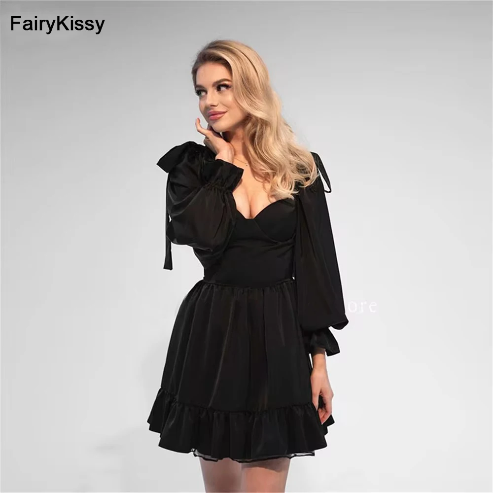 

FairyKissy Short Simple Homecoming Dresses Black Girls Long Sleeves Plus Size Vestidos De Festa 2025 NewParty Evening Dress