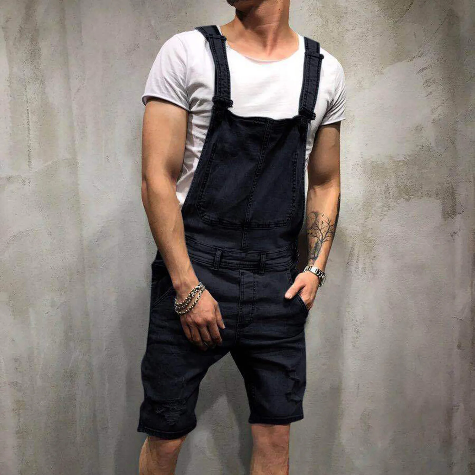 Mens Stylish Denim Suspenders Casual Swim Trunks