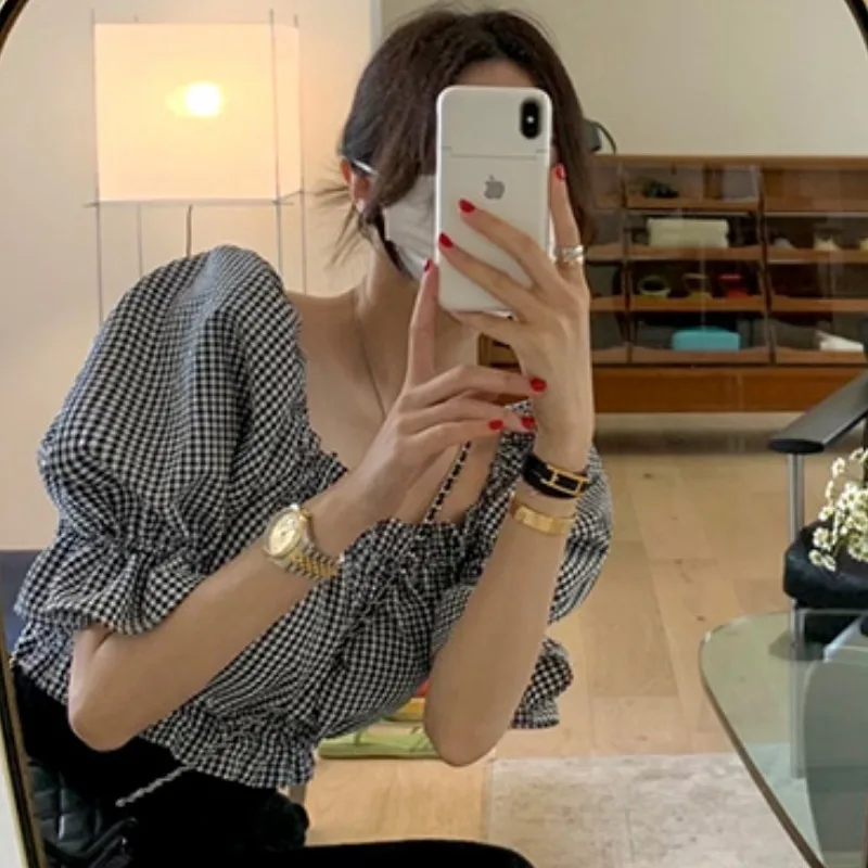 

Retro Style Women's Bubble Sleeve Shirt Short Waist Cinched Slim Fit Square Collar Summer New Fashion Korean Style Top