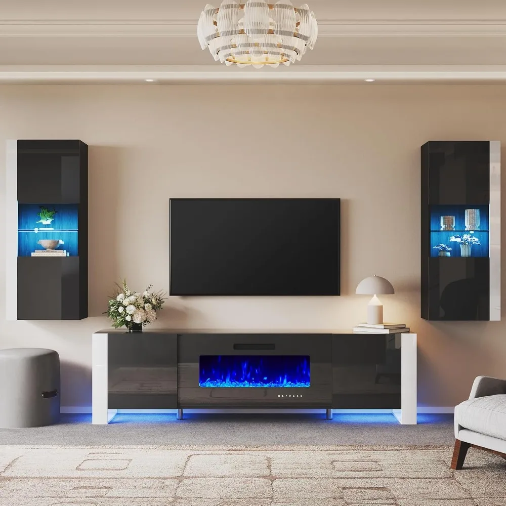 

3-Piece Modern Wall Unit Entertainment Center Set, High Gloss 70 Fireplace TV Stand with 36 Electric Fireplace