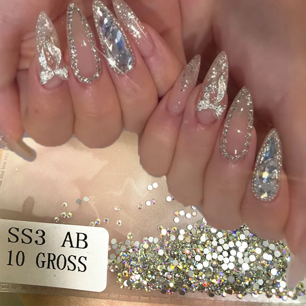 1440Pcs Glitter AB/Clear Round Mini Glass Nail Diamond SS3 Flatback Non HotFix Glass Nail Crystal DIY Stylish Glass Nail Jewelry