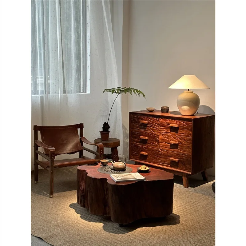wabi-sandy wind special-shaped solid wood enclosure, tea table, round living room mobile coffee table, log stump balcony